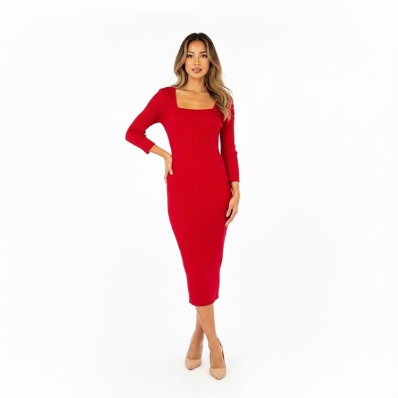 NWT Wolford Square Neck in Pompei Red Wool Blend Ribbed Knit Sweater Dress 34 - Picture 1 of 7